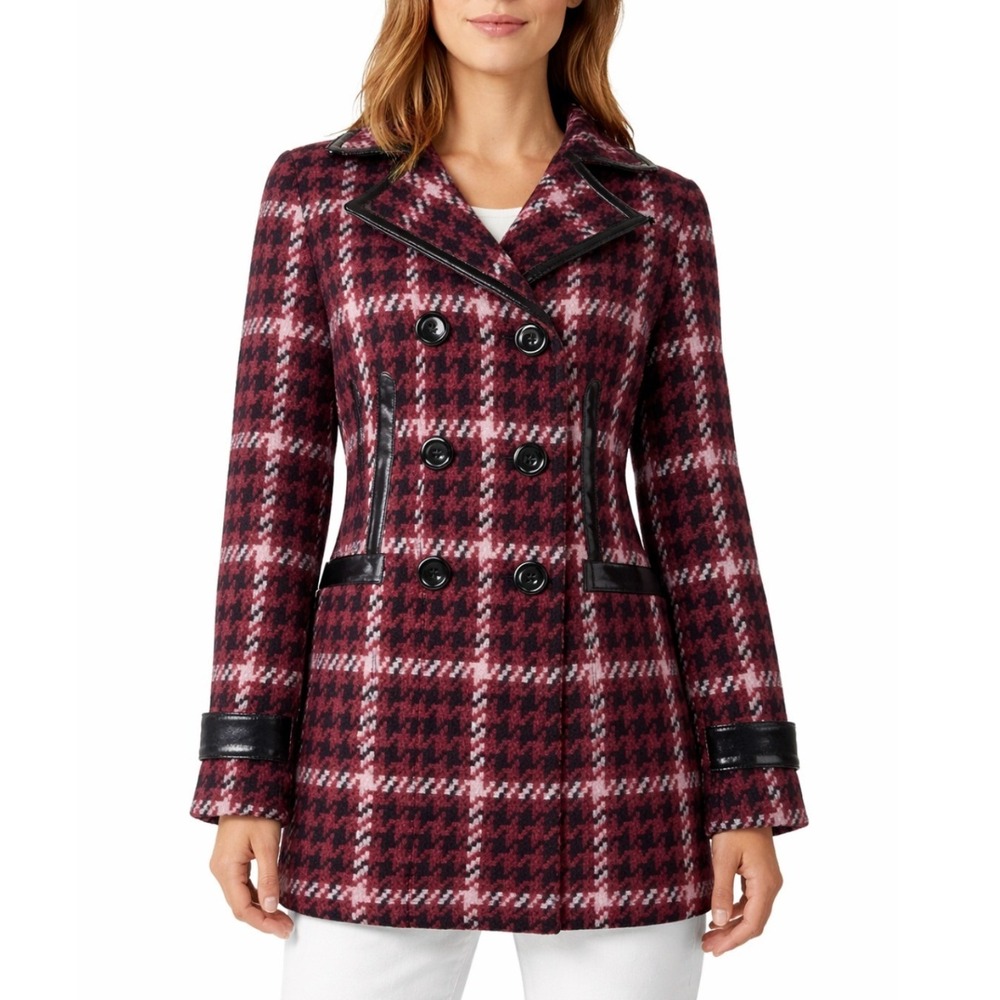 Express Womens NWT Red‎ Houndstooth Plaid Faux Leather Trim Car Pea Coat Small